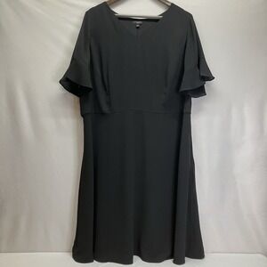 Talbots Womens Black V Neck Ruffle Short Slv Fit & Flare Midi Dress Size 16W